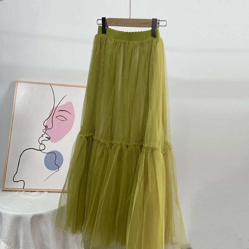 Hirsionsan Pleated Cake Skirts Women 2024 New Korean Harajuku Sweet Lace Skirt Ladies Elegant Party Ball Gown Female Mesh Skirt
