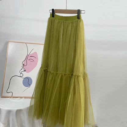 Hirsionsan Pleated Cake Skirts Women 2024 New Korean Harajuku Sweet Lace Skirt Ladies Elegant Party Ball Gown Female Mesh Skirt