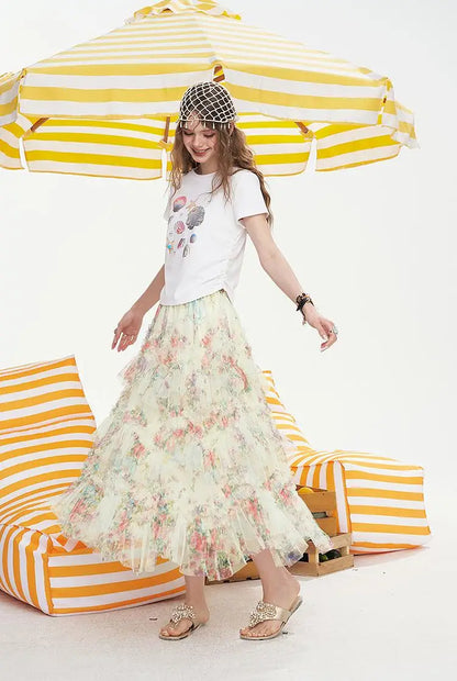ELFSACK 2025 Summer New Arrivals High Waisted A-Line Floral Chic Skirt For Women