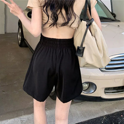 Xpqbb Summer Black Shorts for Women Casual Loose Elastic Waist Sports Shorts Woman Korean Street Drawstring Wide Leg Short Pants