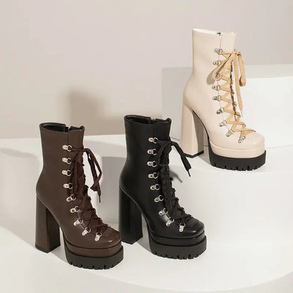 Modern Western Mature Punk Goth Female Winter Super Block High Heeled Shoes Square Toe Lace-up Platform Heels Boots