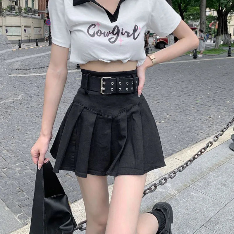 Lucyever Korean High Waist Pleated Skirts Women Summer Khaki Black with Belt A-Line Skirt Woman All-Match Streetwear Mini Skirt