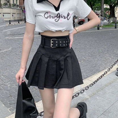 Lucyever Korean High Waist Pleated Skirts Women Summer Khaki Black with Belt A-Line Skirt Woman All-Match Streetwear Mini Skirt