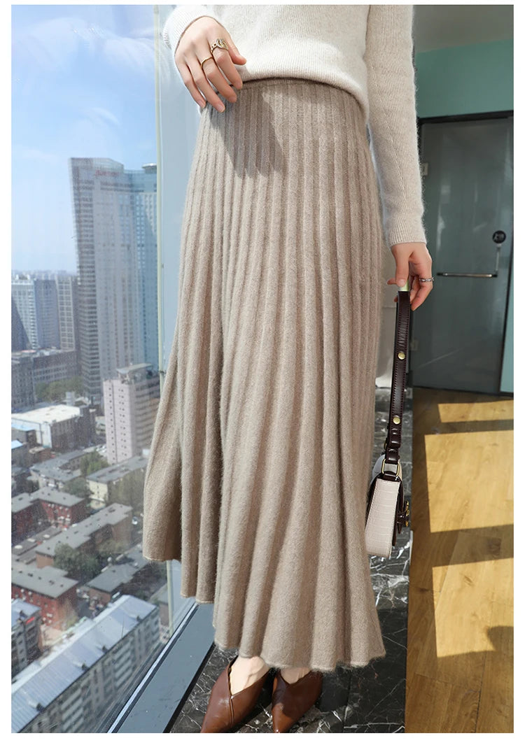 mink cashmere skirt Fashion long dress women A-line skirt autumn winter loose pleated skirt elegant high-waisted skirt ladies