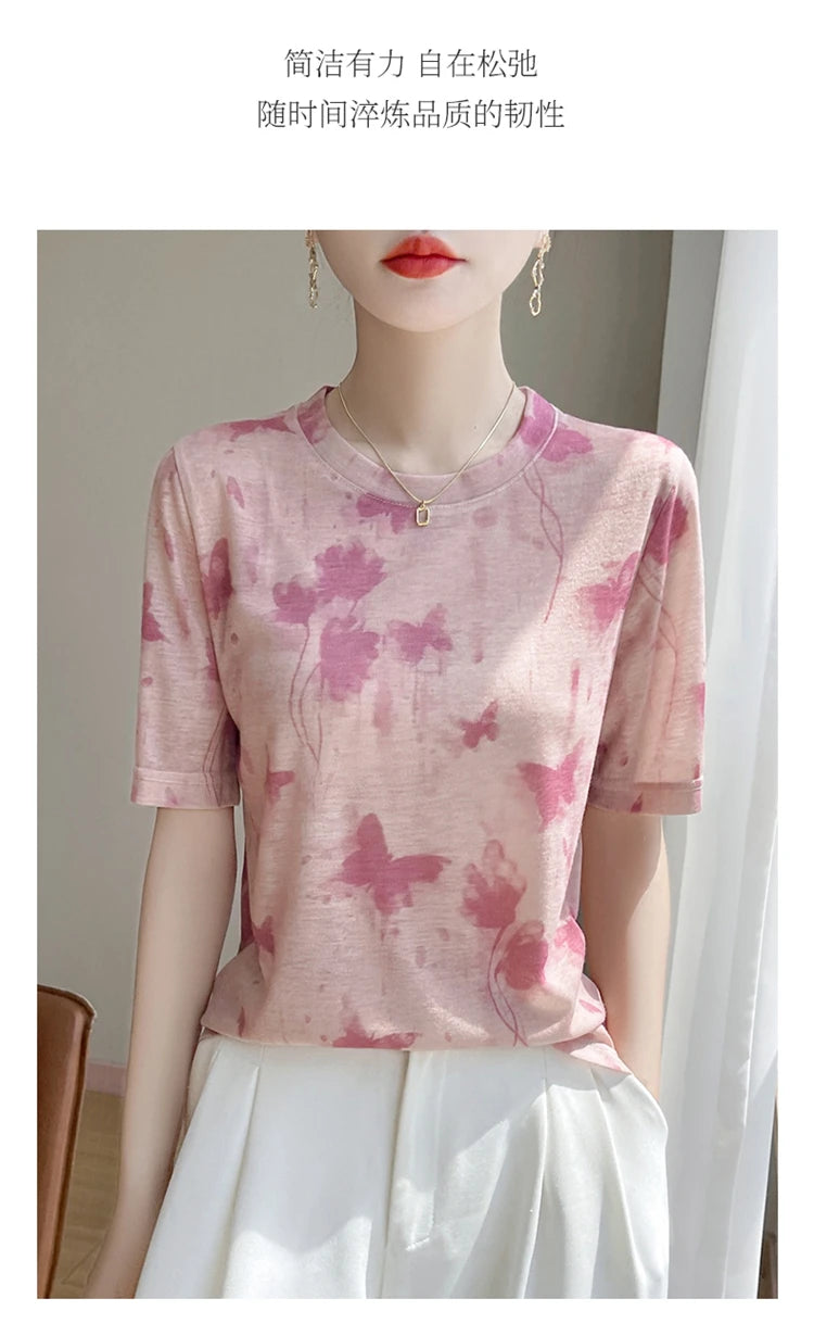 Spring And Summer New Lyocell Short Sleeve Sweater Loose Thin Half Sleeve T-shirt Printed Top