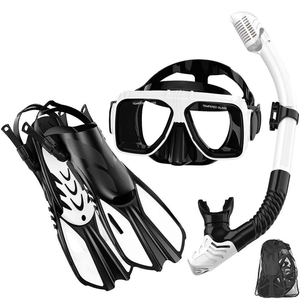 Diving Mask Fin Snorkel Set for Adult Panoramic View Snorkel Mask Adjustable Dive Flipper Dry Top Snorkel and Travel Bag