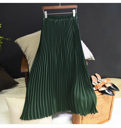 Womens Chic Pleated Swing Long Skirt with Liner Korean Fashion Kawaii Elastic High Waist OL Chiffon Shirring Mermaid Skirts K77