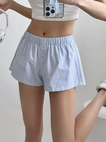 Striped Print Casual Shorts for Women Elastic Waist Fashion Button Bottoms Streetwear Chic Basic Y2K Loose Shorts