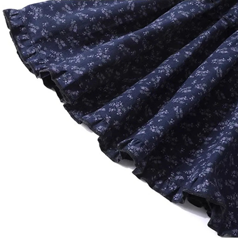 New Elegant Dark Blue Floral Women High-Waisted Retro Blue Floral Skirt Female A-line Skirt Casual Lazy Wind Long Skirt