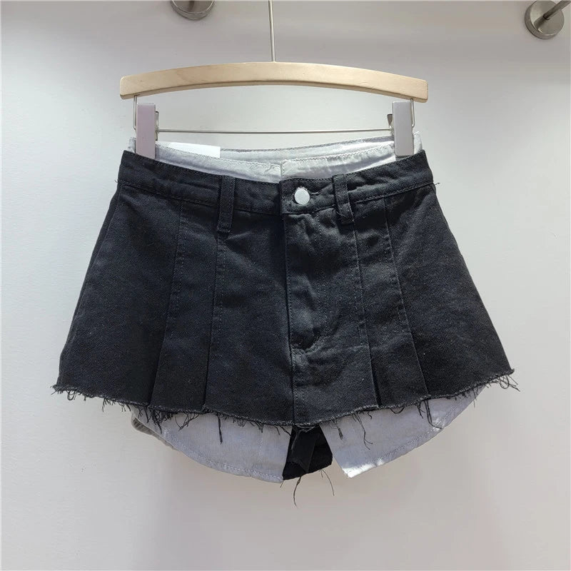 KBQ Temperament Slim Fit Denim Mini Slirts For Women High Waist Spliced Button Daily Casual Commute Skirt Female Fashion Style