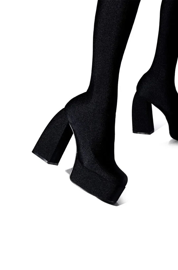 2024 New Pants Jumpsuit Boots Elastic Cloth Boots Racing Party Super Cool Square Head Waterproof Platform Thick Heel Boots 35-46