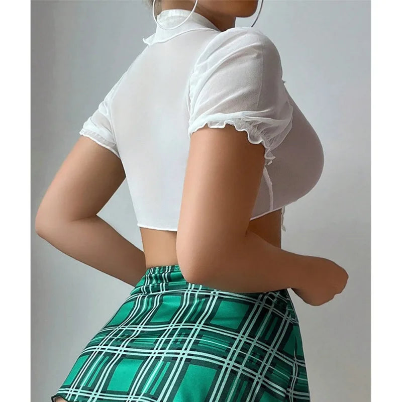 Lingerie Set for Women Sexy Schoolgirl Outfits Mesh Sheer Tie Top and Mini Skirt with Thong Stockings Japanese Students Cosplay
