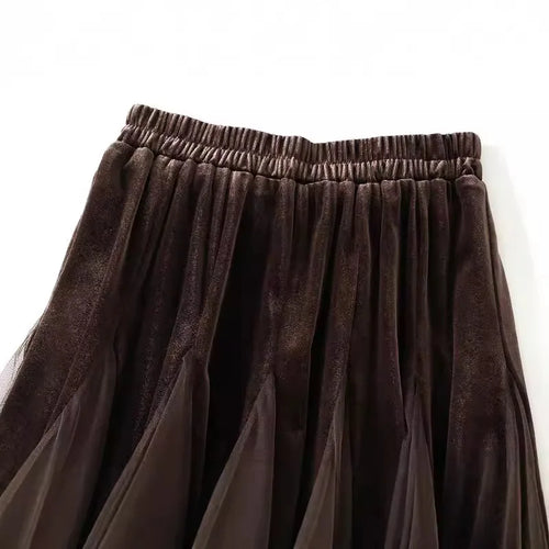 2025 Autumn Winter Velvet Mesh Patchwork Midi Skirts Women Korean Style Casual High Waist Elegant Long Skirts