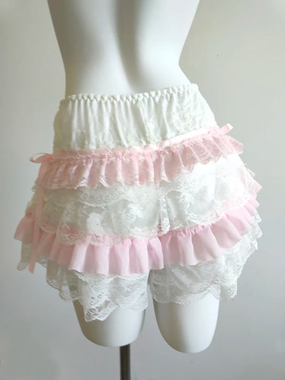 Cute Shorts Women Summer Bow Decoration Pink Lace Patchwork Elastic Waist Lolita Multilayer Bottoming Shorts for Sweet Girls