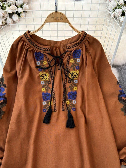 2026 Spring Retro Embroidered Shirt Top Female Lace Up Tassel Loose Lantern Sleeves Ethnic Style Blouse Female A70
