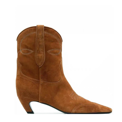 Embroidered Square Toe Cat Heel Western Cowboy Boots Woman Winter 2025 Slip-On Shaped Heel Slim Boots Fashion Shoes for Women