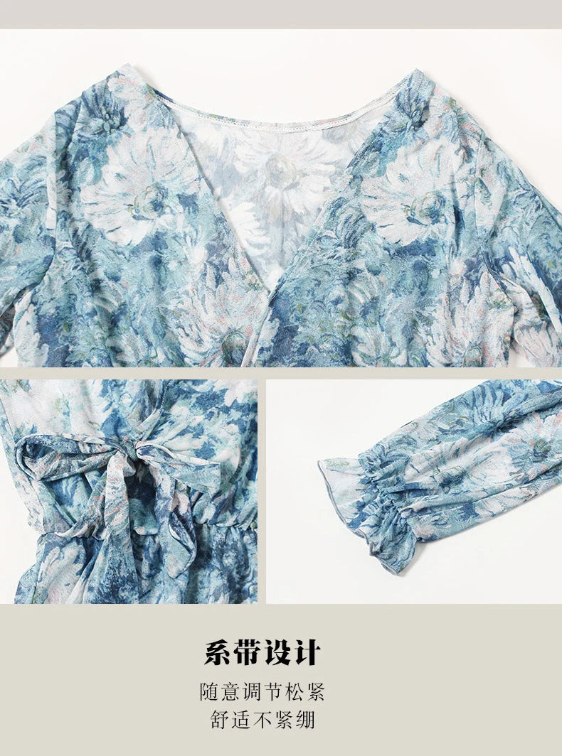 Swimsuit 4 Pieces Bikini Sets Women Swimwear Printed Underwired Mesh Long Sleeve Cover Up High Waist Shorts Headband 2023 New