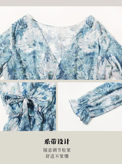 Swimsuit 4 Pieces Bikini Sets Women Swimwear Printed Underwired Mesh Long Sleeve Cover Up High Waist Shorts Headband 2023 New