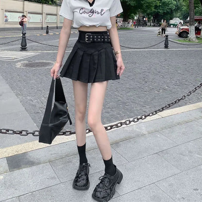 Lucyever Korean High Waist Pleated Skirts Women Summer Khaki Black with Belt A-Line Skirt Woman All-Match Streetwear Mini Skirt