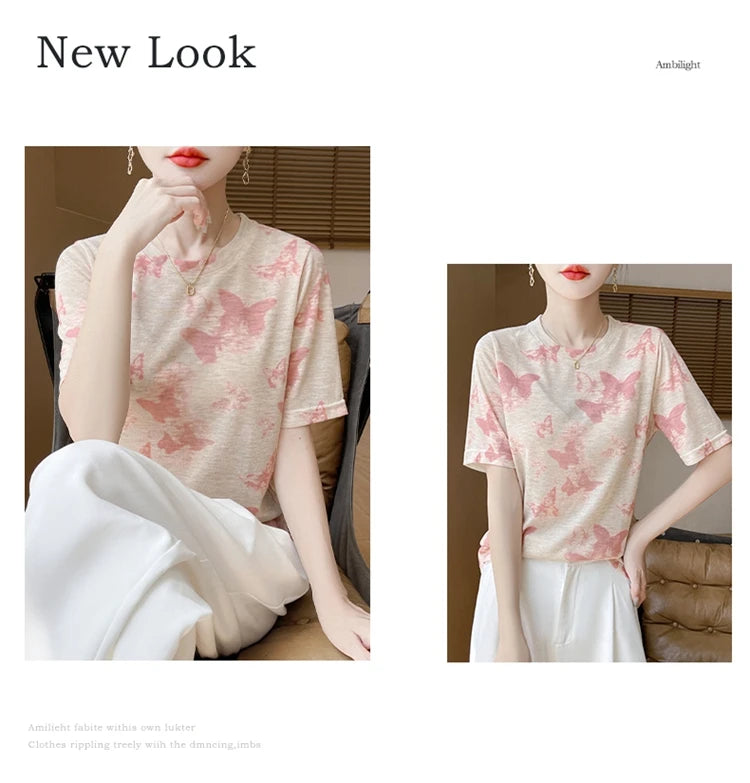 Spring And Summer New Lyocell Short Sleeve Sweater Loose Thin Half Sleeve T-shirt Printed Top