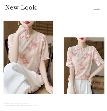 Spring And Summer New Lyocell Short Sleeve Sweater Loose Thin Half Sleeve T-shirt Printed Top