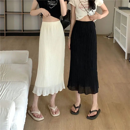 Summer New Fashion Solid Spring Wrapped Hip Fishtail Skirt Women Patchwork Elastic Waist Elegant Gentle Mid Length A-line Skirts