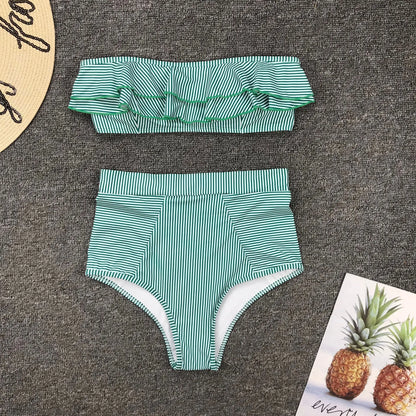 Cikini-Women's Split Swimming Suit, Irregular Striped, Lotus Leaf Edge, High Waist Bikini, Swimming Suit