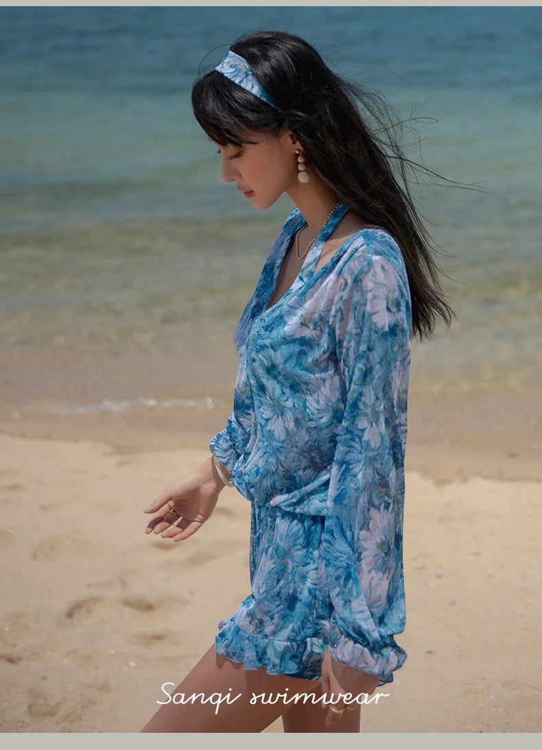 Swimsuit 4 Pieces Bikini Sets Women Swimwear Printed Underwired Mesh Long Sleeve Cover Up High Waist Shorts Headband 2023 New