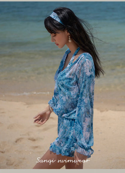 Swimsuit 4 Pieces Bikini Sets Women Swimwear Printed Underwired Mesh Long Sleeve Cover Up High Waist Shorts Headband 2023 New