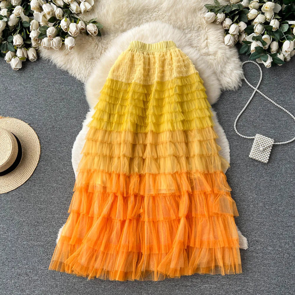 Voille Skirts Women Gradient Y2k High Waist Elastic Jupe Ladies Tulle Mujer Faldas Ruffles Long Female Mesh Skirt Dropshipping