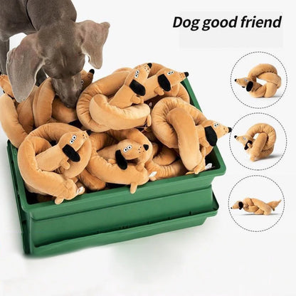 Long, thin, talking dachshund plush toy; makes sounds; a dog doll that entertains and amuses.