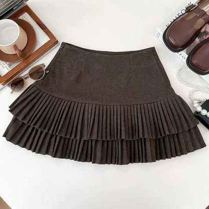 Autumn Winter Vintage Black Grey Versatile Pleated Short Skirt For Women 2025 Brown Temperament High Waist Sexy Mini Skirts Chic