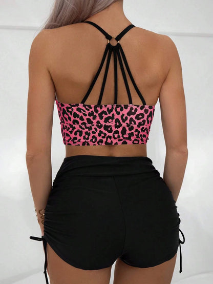 Vintage Leopard Print Bikini Women Metal Ring Hollow Backless Drawstring High Waist Swimsuit 2025 Beach Bathing Suit Swimwear