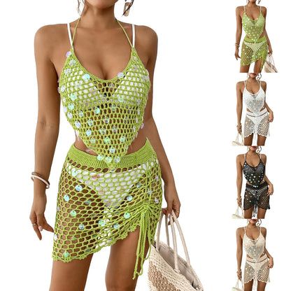 Hollow Out Crochet Bikini Two-Piece Cover Up Shirt Womens' Swimwear Set Sequin Splicing Vacation Beach Set Summer Swimsuits