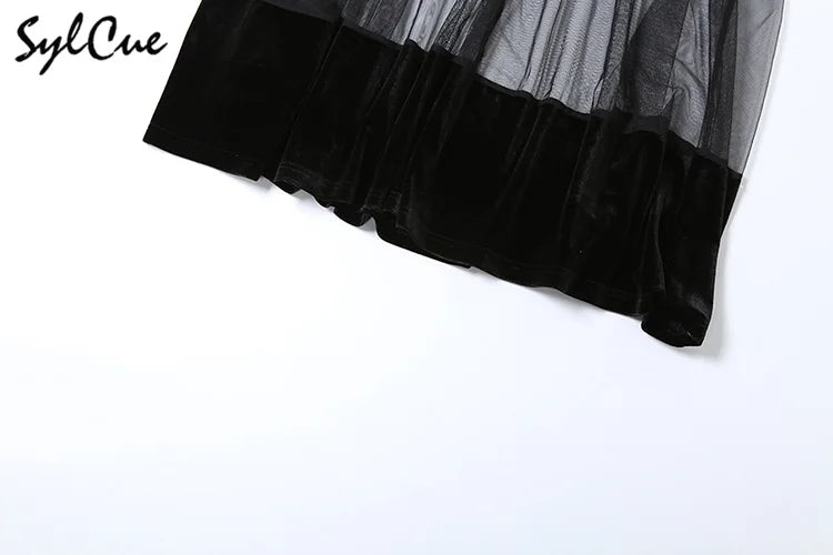 Sylcue Winter Party Black Mysterious Sexy Mature Beautiful Elegant Graceful Sweet Gentle Women'S Halter Tulle Stitching Dress