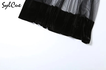 Sylcue Winter Party Black Mysterious Sexy Mature Beautiful Elegant Graceful Sweet Gentle Women'S Halter Tulle Stitching Dress