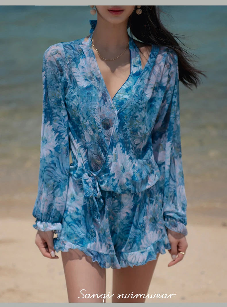 Swimsuit 4 Pieces Bikini Sets Women Swimwear Printed Underwired Mesh Long Sleeve Cover Up High Waist Shorts Headband 2023 New