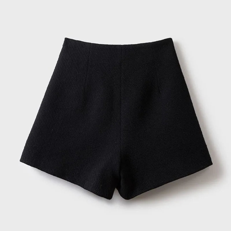 Tweed Wide Leg Shorts Skirts Women Chic Empire All-match Button Minority Elegant A-line Autumn Winter Thick Popular Daily Female
