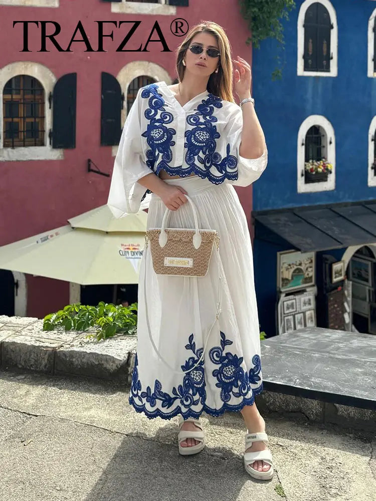 HH Blue Floral Embroidery Skirt For Women Fashion Casual Loose Elastic Waist Skirt Pleated Woman High Waist Midi Skirts