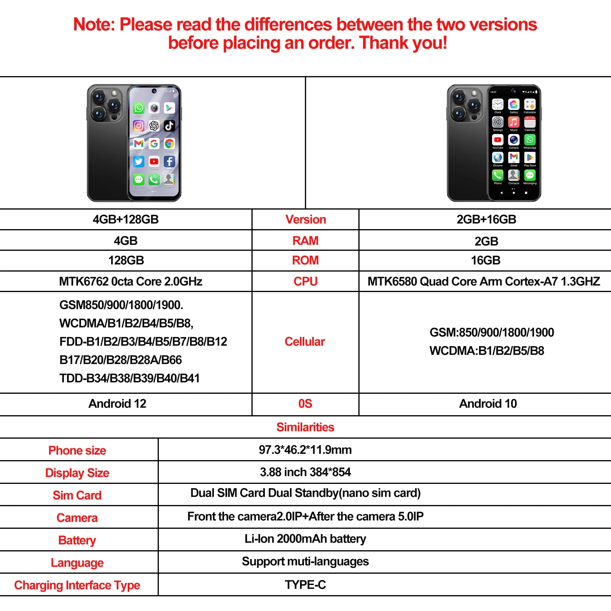 2025 NEW mini Android Smartphone 3.88" HD Display,4G LTE/3G WCDMA,4GB+128GB/2GB+16GB,2000mAh Battery Small Mobile Phone Unlocked