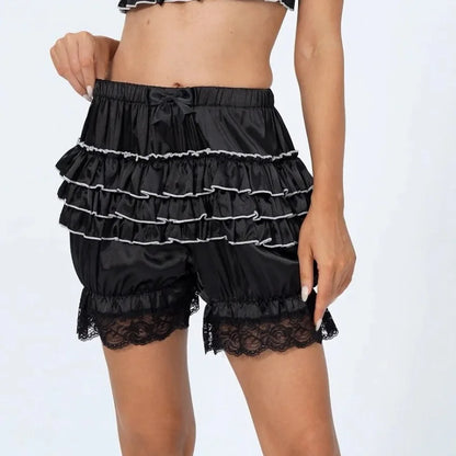 Satin Lace Ruffles Lolita Bloomers Shorts Pants Women Pink Tiered Kawaii Pumpkin Panties Y2k Vintage Victorian Bloomer