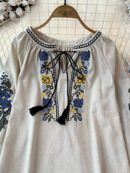 2026 Spring Retro Embroidered Shirt Top Female Lace Up Tassel Loose Lantern Sleeves Ethnic Style Blouse Female A70