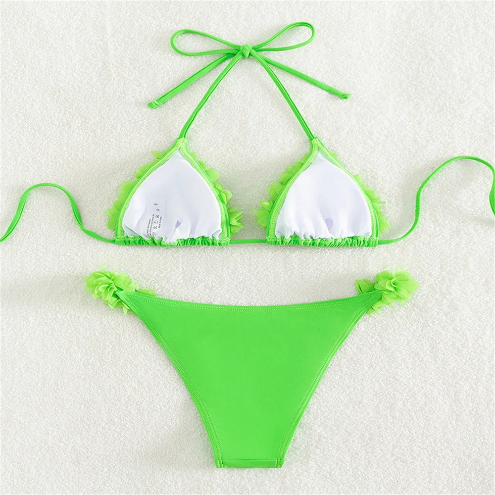 3D Flowers Bikini Top Set Halter String Extreme Backless Y2K Swimsuit Push Up Vacation Outfits Women Swimwear Beach Bathing Suit