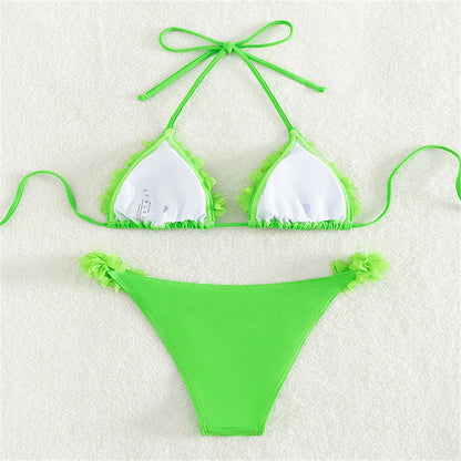3D Flowers Bikini Top Set Halter String Extreme Backless Y2K Swimsuit Push Up Vacation Outfits Women Swimwear Beach Bathing Suit