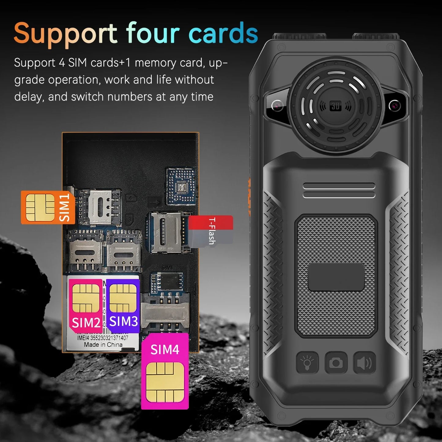 Rugged Outdoor Mobile Phone 4 Quad Sim Voice Changer Dual Torch Loudspeaker Large Button Powerbank Large Battery SOS Call Mobile