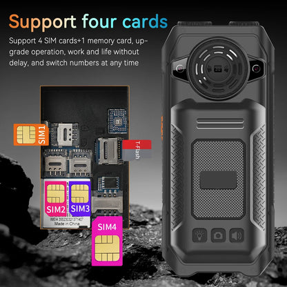 Rugged Outdoor Mobile Phone 4 Quad Sim Voice Changer Dual Torch Loudspeaker Large Button Powerbank Large Battery SOS Call Mobile