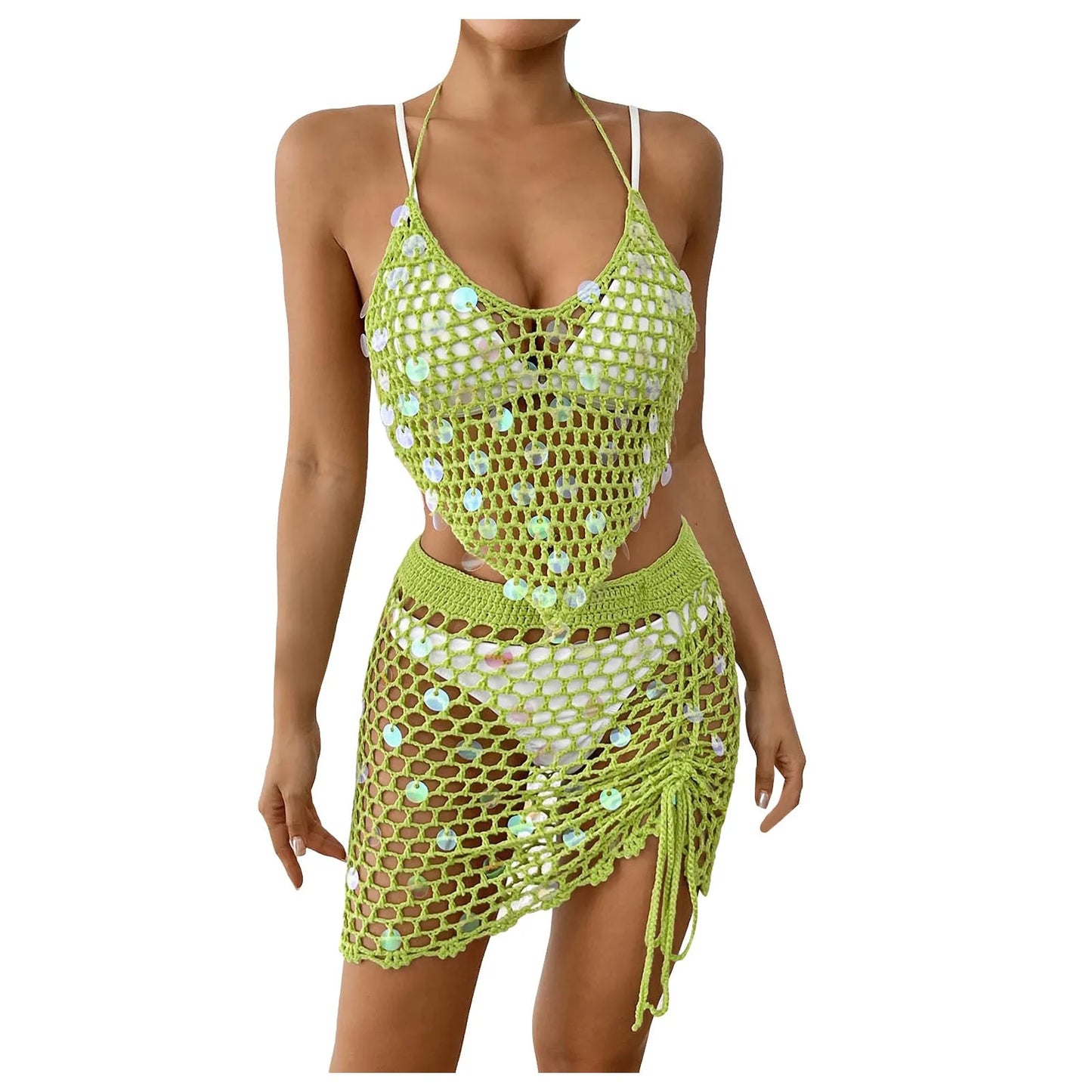 Hollow Out Crochet Bikini Two-Piece Cover Up Shirt Womens' Swimwear Set Sequin Splicing Vacation Beach Set Summer Swimsuits