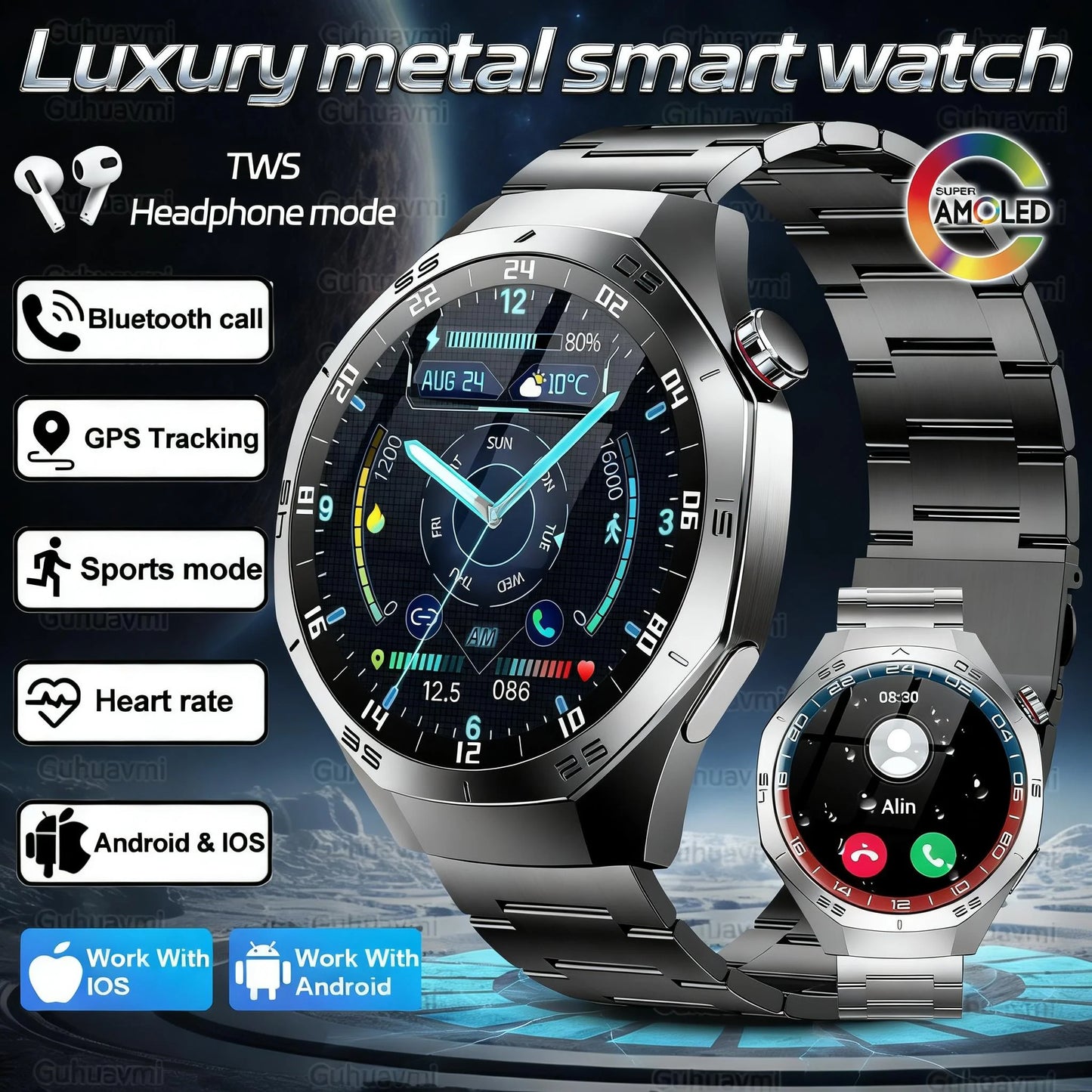 Luxury Metal Smart Watch For Men AMOLED Screen Bluetooth Call GPS Tracking Sports Heart Rate Monitor Smart watch For Android iOS