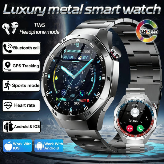 Luxury Metal Smart Watch For Men AMOLED Screen Bluetooth Call GPS Tracking Sports Heart Rate Monitor Smart watch For Android iOS