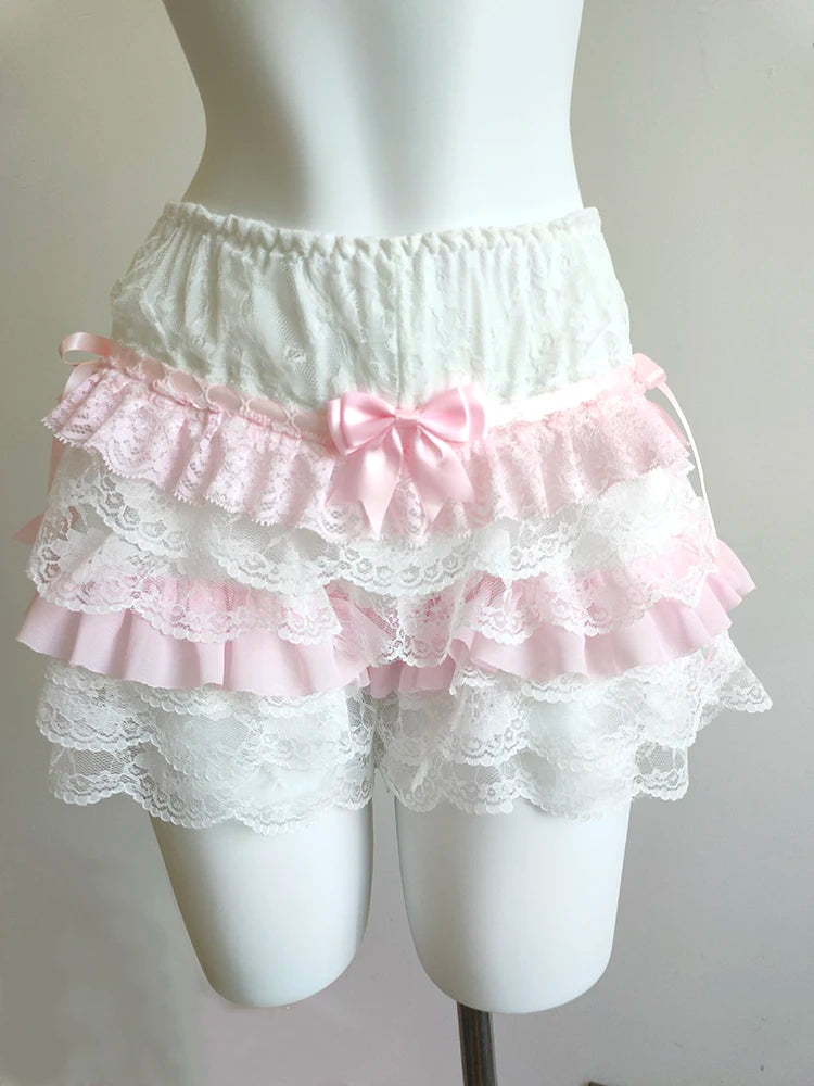 Cute Shorts Women Summer Bow Decoration Pink Lace Patchwork Elastic Waist Lolita Multilayer Bottoming Shorts for Sweet Girls